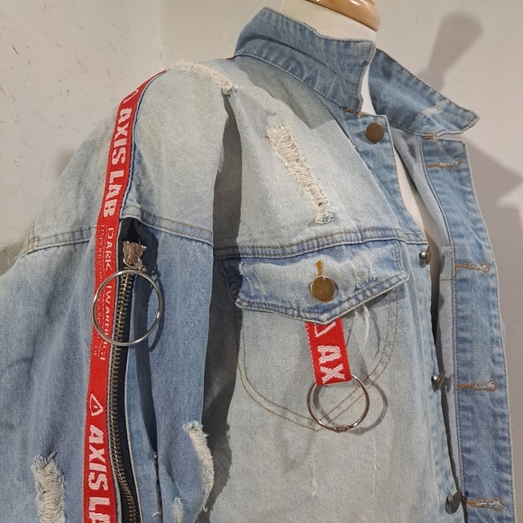 Se7en| Boyfriend Jeans Jacket Oversized Destroyed Zipper Color Gradient Cracks - Picture 3 of 13